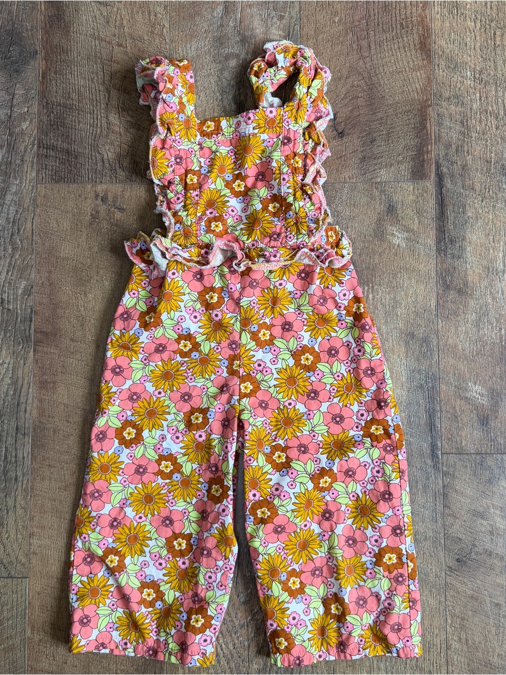 Wonder Nation Girls Retro Design 60s Floral Adjustable Elastic Waist Overalls 4T